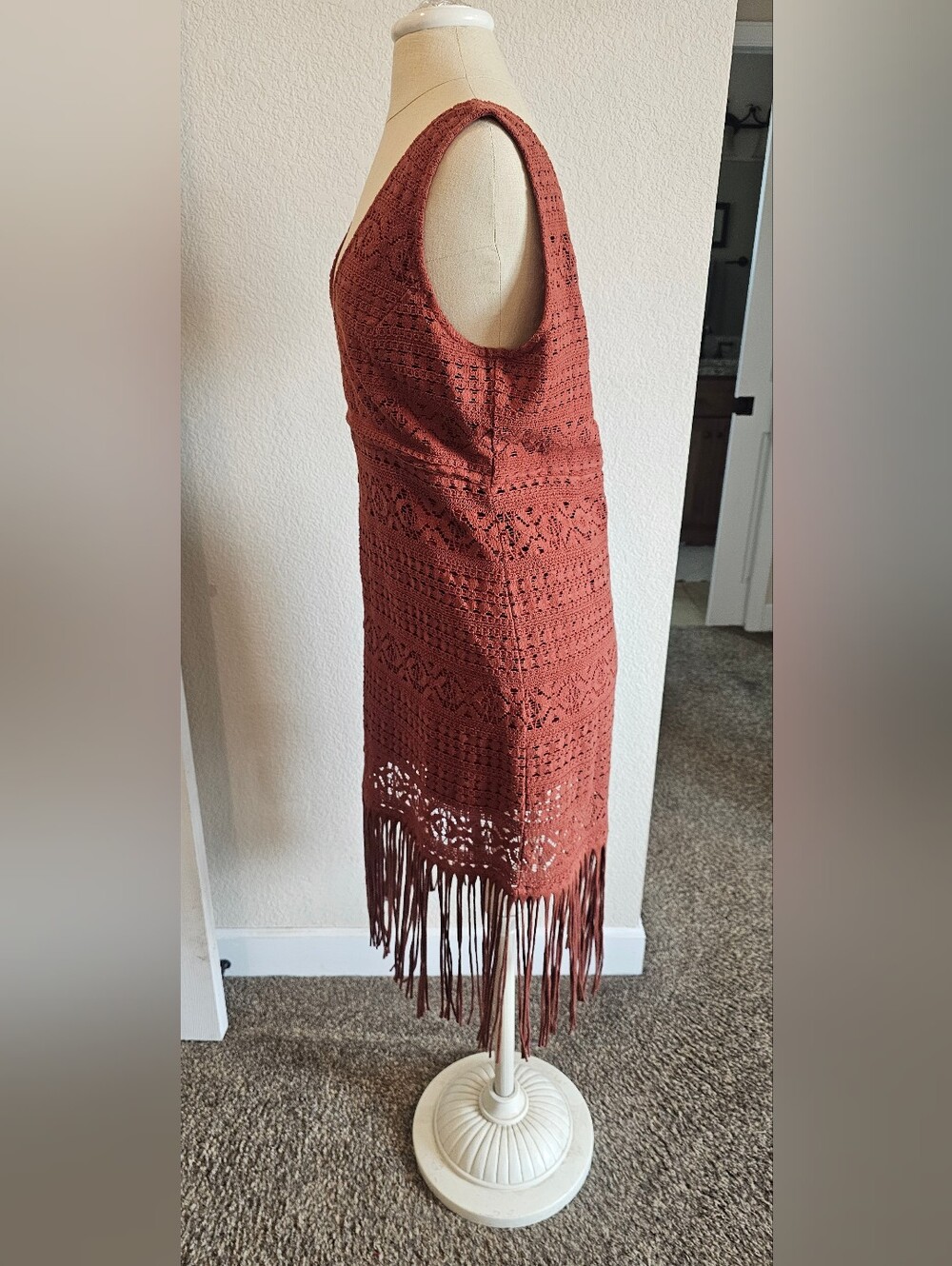 SHYANNE Western 100% Cotton Crochet Fringe Sleeveless Midi Dress Large Rust - Picture 9 of 13